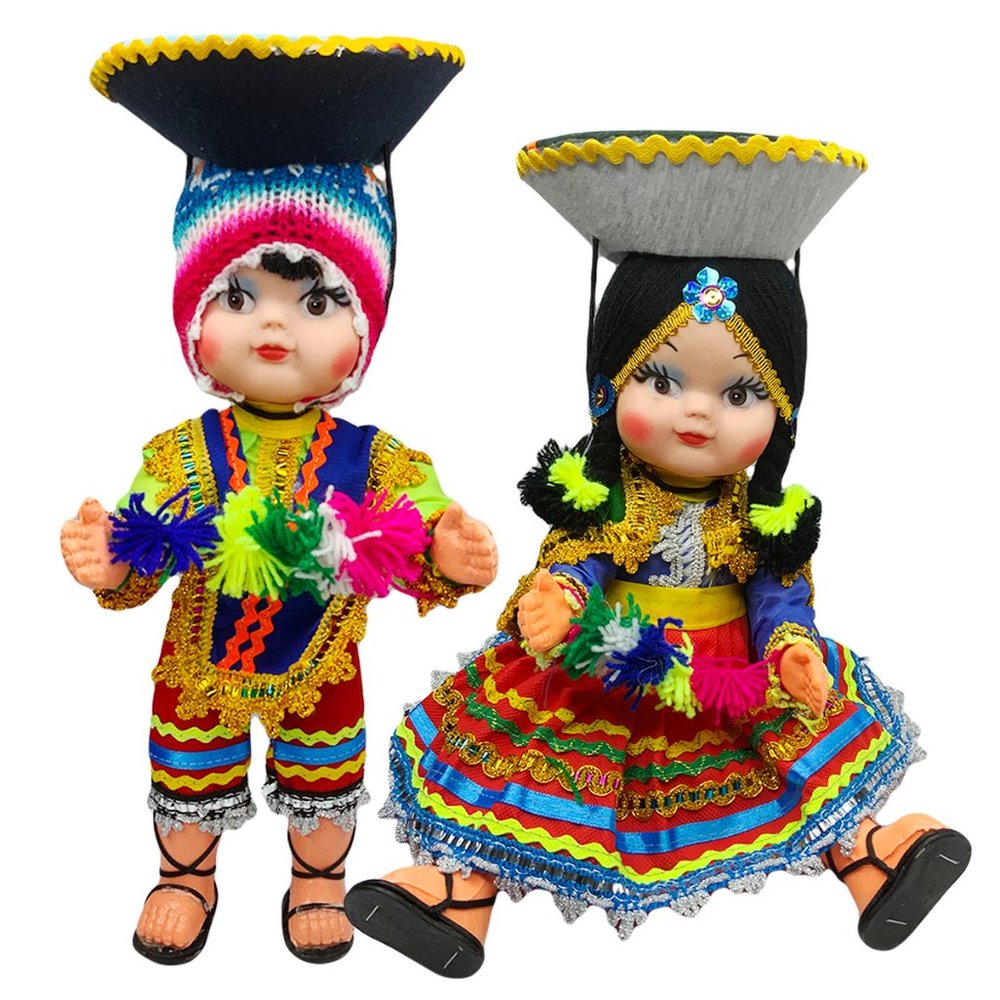 2 PCS PERU PERUVIAN CUTE COUPLE HANDMADE COSTUME TEXTILE DRESS GIFT DOLLS 14"
